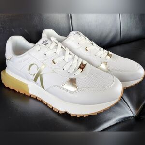 Calvin Klein "Magalee" Sneakers White and Gold Sz10M Brand NIB 👍🏽
